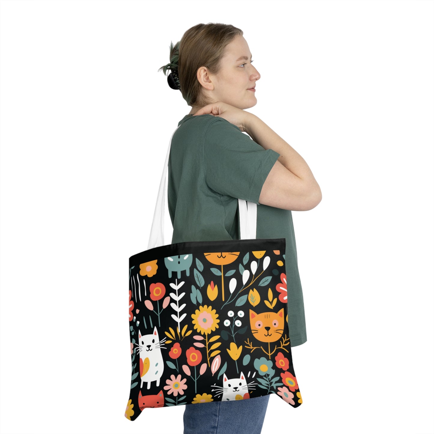 Whimsical Feline Garden Shoulder Tote Bag - Colorful Everyday Accessory