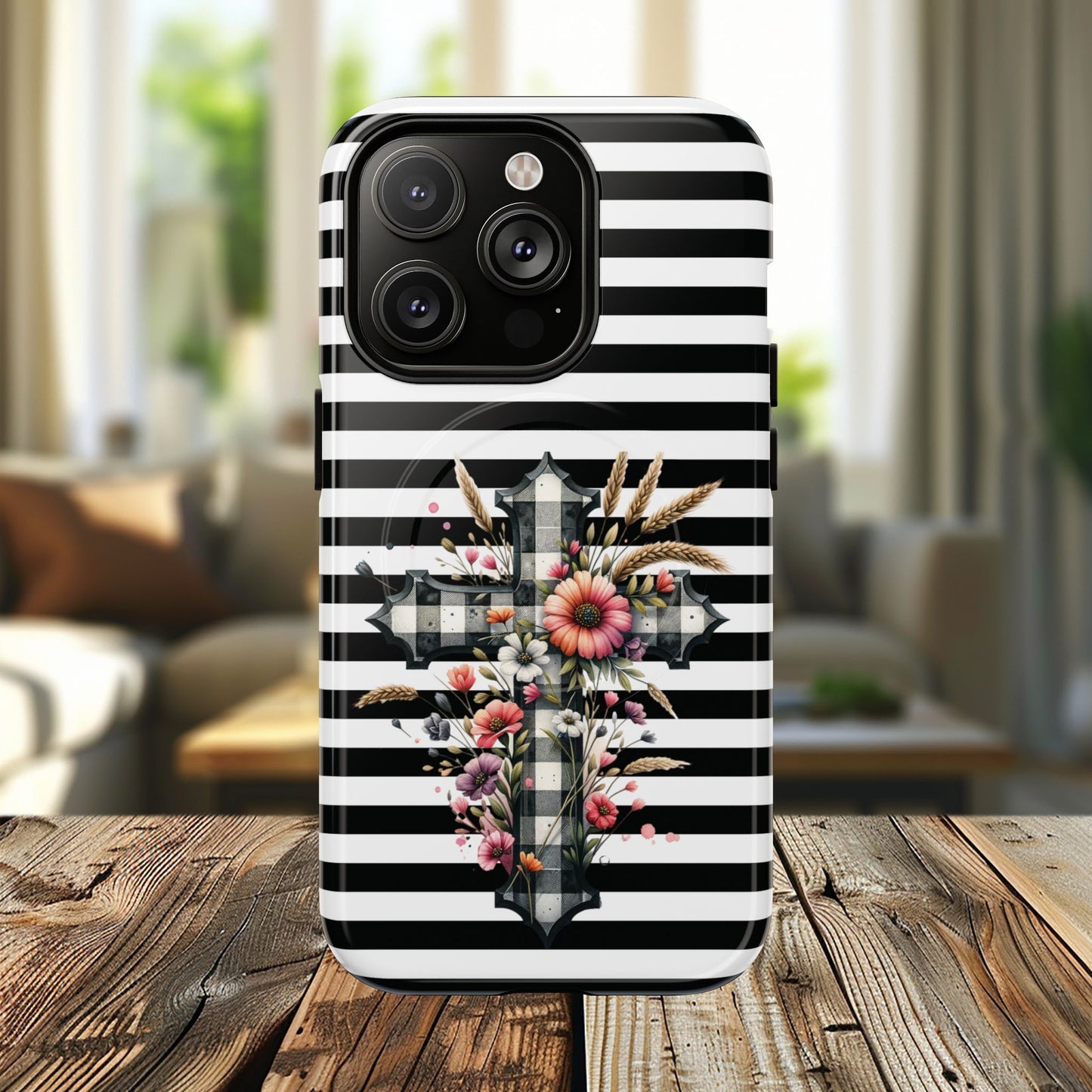 Grace in Bloom Tough Magnetic iPhone Case with Floral Cross Design, Boho iPhone Cover, Striped iPhone Case, Unique Religious Gift, Trendy Cell iPhone Accessory.