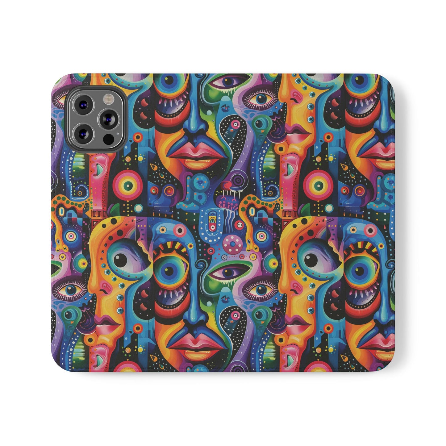 Psychedelic Visions Vibrant Art Flip iPhone and Samsung Phone Case - Colorful Faces Design for Phone Protection