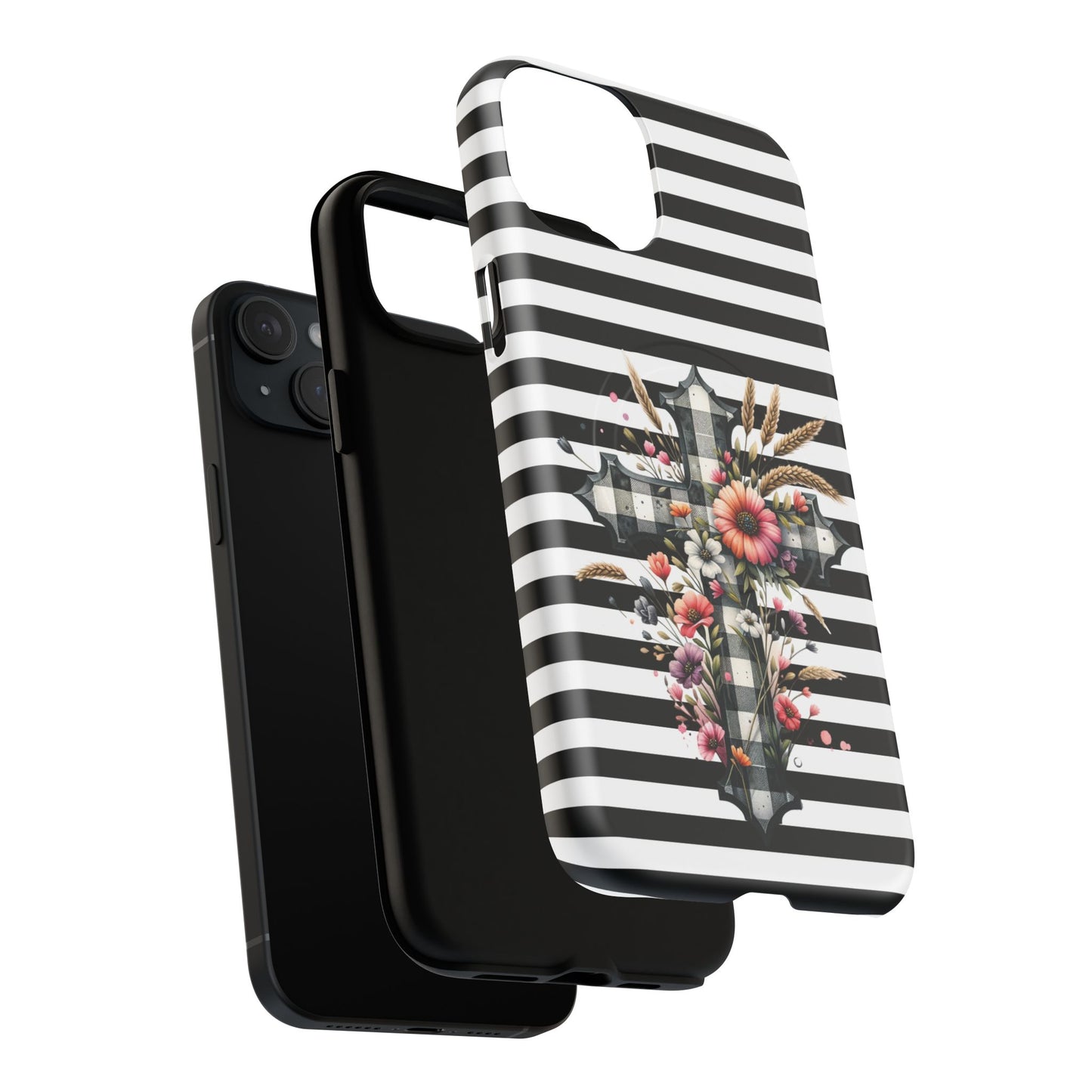 Grace in Bloom Tough Magnetic iPhone Case with Floral Cross Design, Boho iPhone Cover, Striped iPhone Case, Unique Religious Gift, Trendy Cell iPhone Accessory.