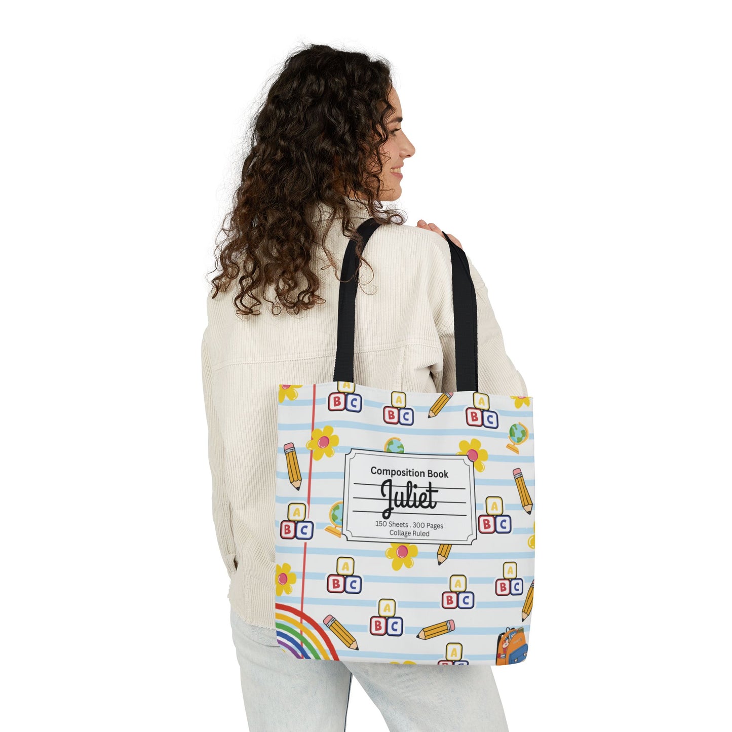Personalized White Schoolyard Chic Composition Book Inspired Canvas Tote Bag with Colorful Straps, Cute School Bag, Eco-Friendly Tote, Back to School Shopping Bag, Teacher Gift Idea