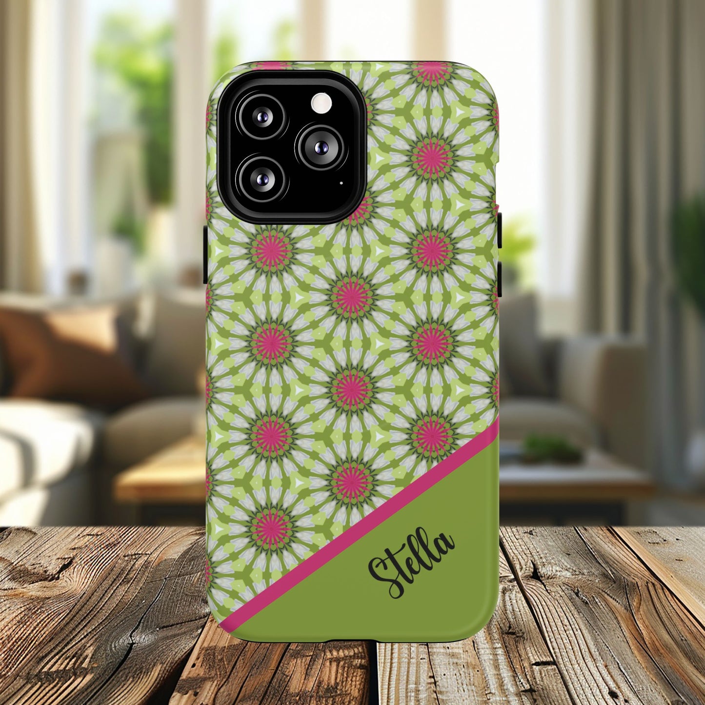Personalized Meadow Mandala Bloom Vibrant Flower  — Green & Pink Geometric Daisy Design