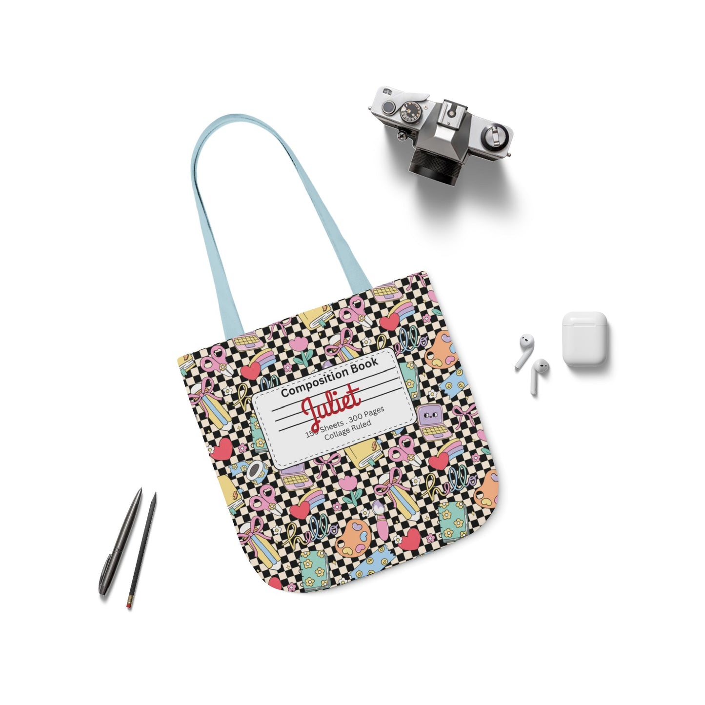 Personalized Black Doodle Daydream Composition Book Inspired Canvas Tote Bag with Colorful Straps, Cute School Bag, Eco-Friendly Tote, Back to School Shopping Bag, Teacher Gift Idea