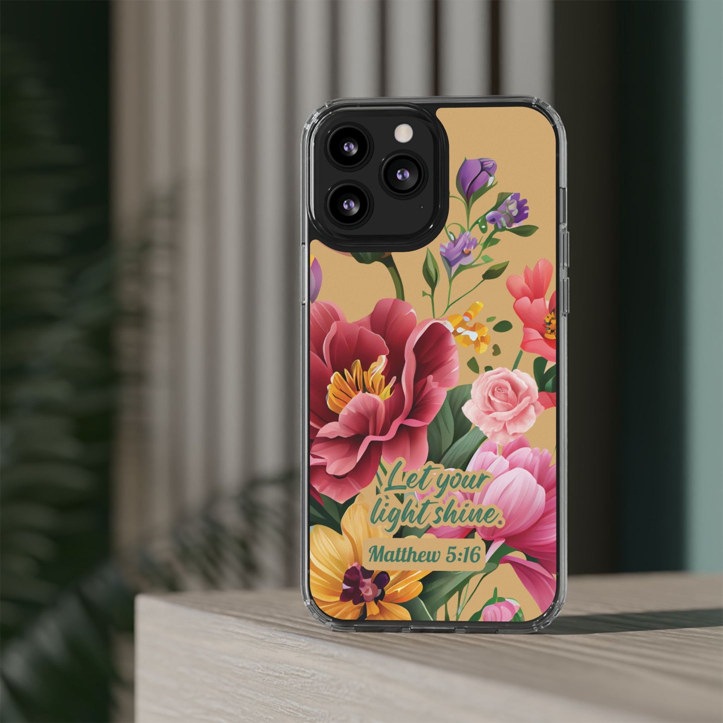 Clear Floral Bible Verse Phone Case — "Let Your Light Shine" (Matthew 5:16) for iPhone and Samsung Cases.