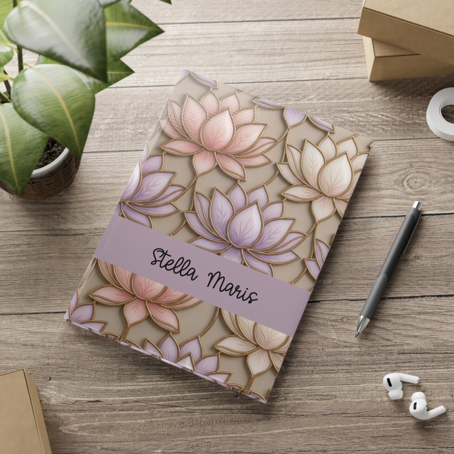 Personalized Stained Glass Lotus Blossom Hardcover Notebook — Custom Name and Affirmation Puffy Cover Journal.