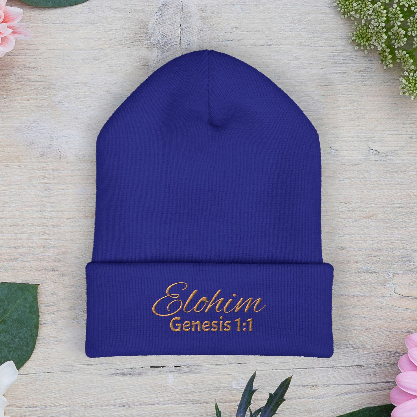 Brown Embroidered 'ELOHIM, GENESIS 1:1' Classic Cuffed Beanie - Cozy Winter Hat, Streetwear Accessory, Personalized Gifts, Religious Apparel, Unisex Beanie