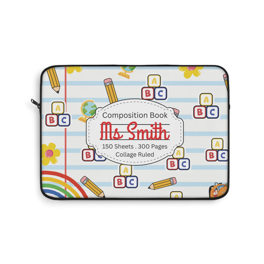Personalized White SchoolYard Chic Laptop Sleeve with Composition Book Inspired Design, Educational Gift for Teachers, Classroom Organization, Back to School, Unique Teacher Accessory