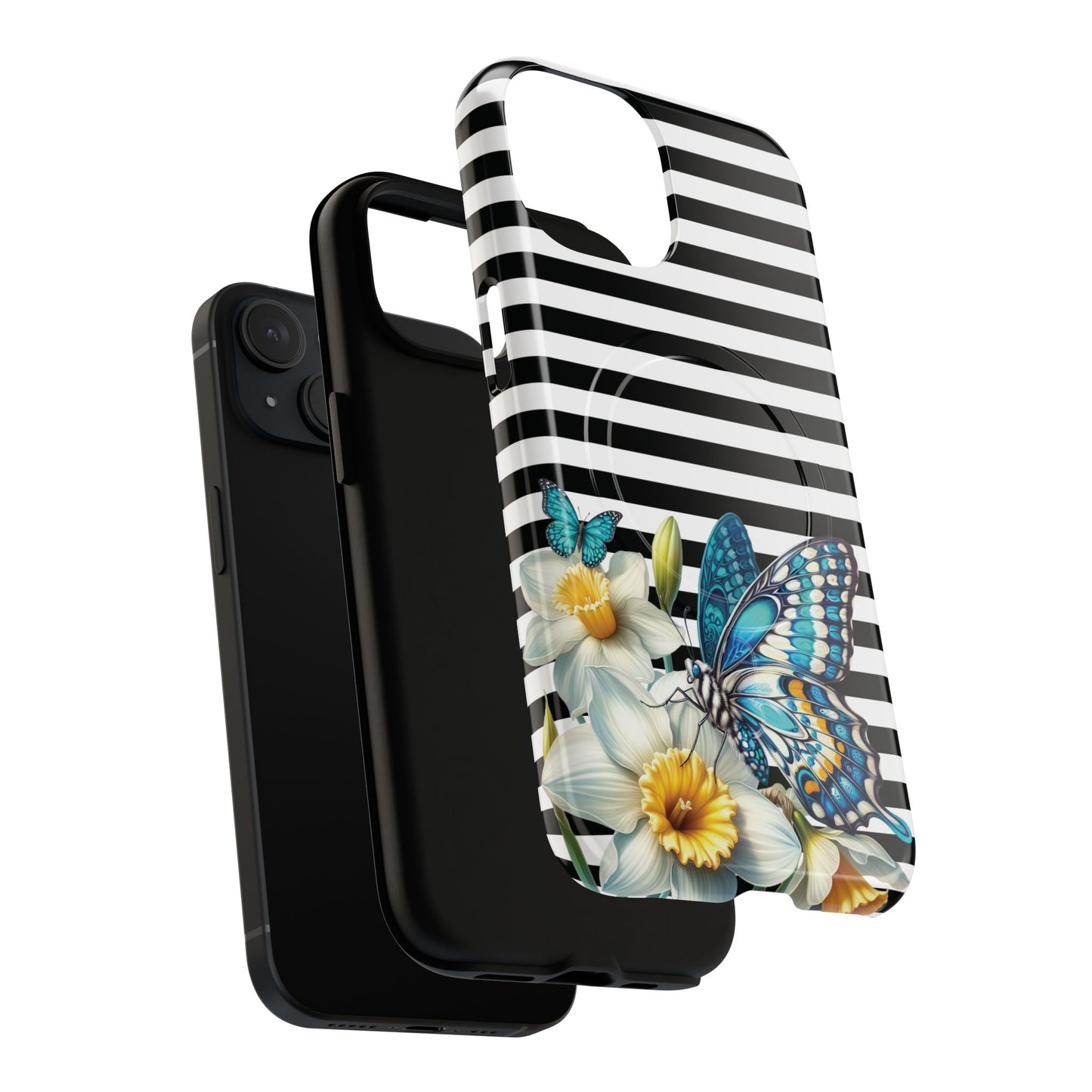 Daffodil Flutter Tough iPhone Magnetic Case, Floral iPhone Accessories, Stylish iPhone Cover, Black Striped Design, Gift for Her, Trendy iPhone