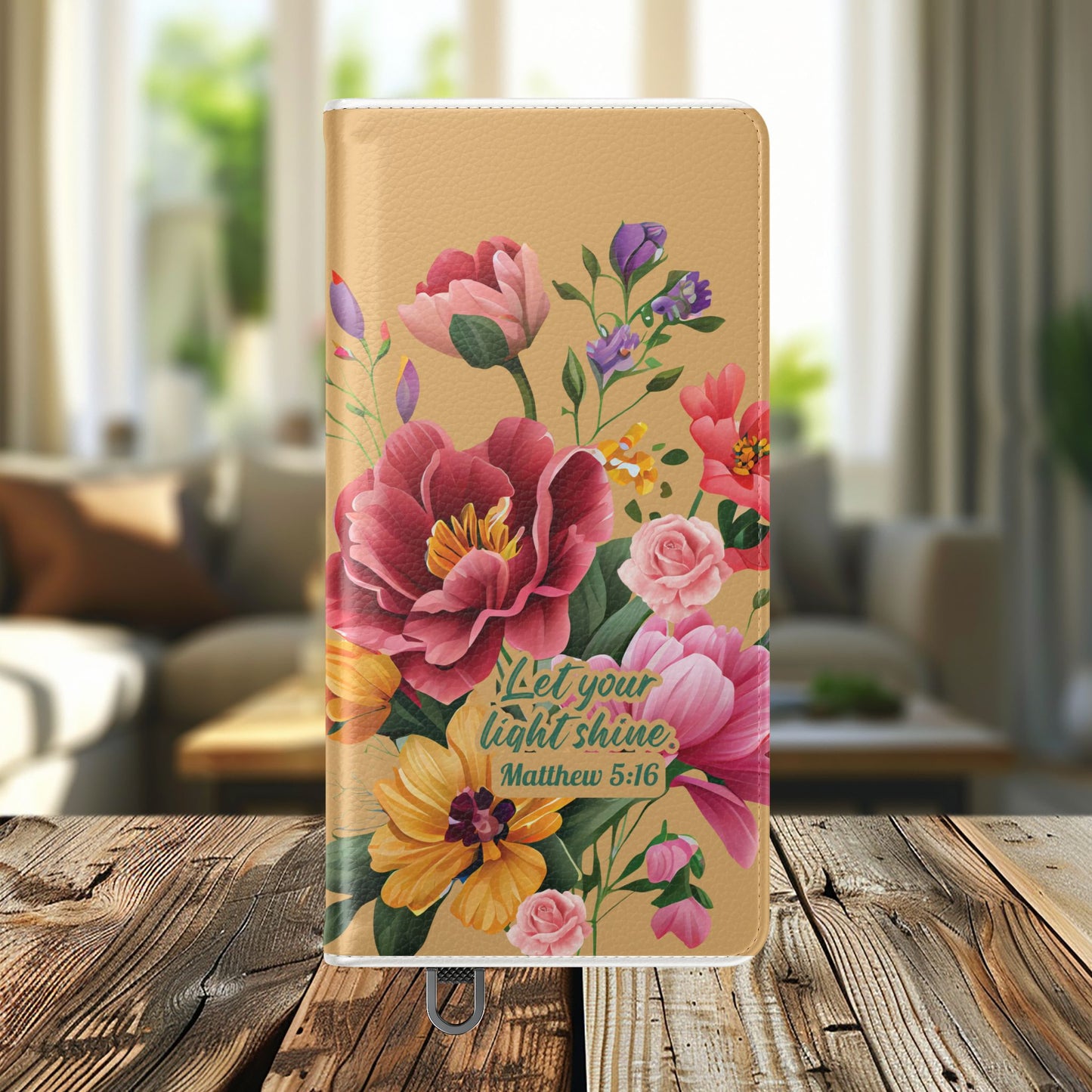 Floral Scripture Flip Case — "Let Your Light Shine" Wallet Phone Cover (Matthew 5:16)