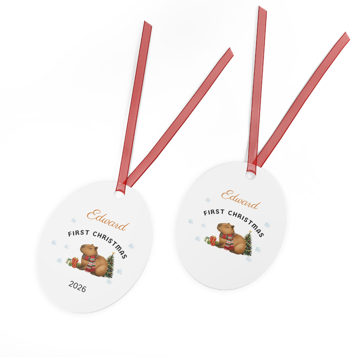 Personalized Capybara First Christmas Metal Ornament —2026 Holiday Keepsake