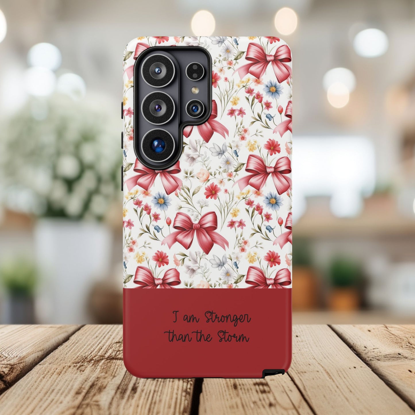 Personalized Rosette Coquette Phone Case - Custom Name/Message 'I Am Stronger Than The Storm' Floral Bow Protective Case