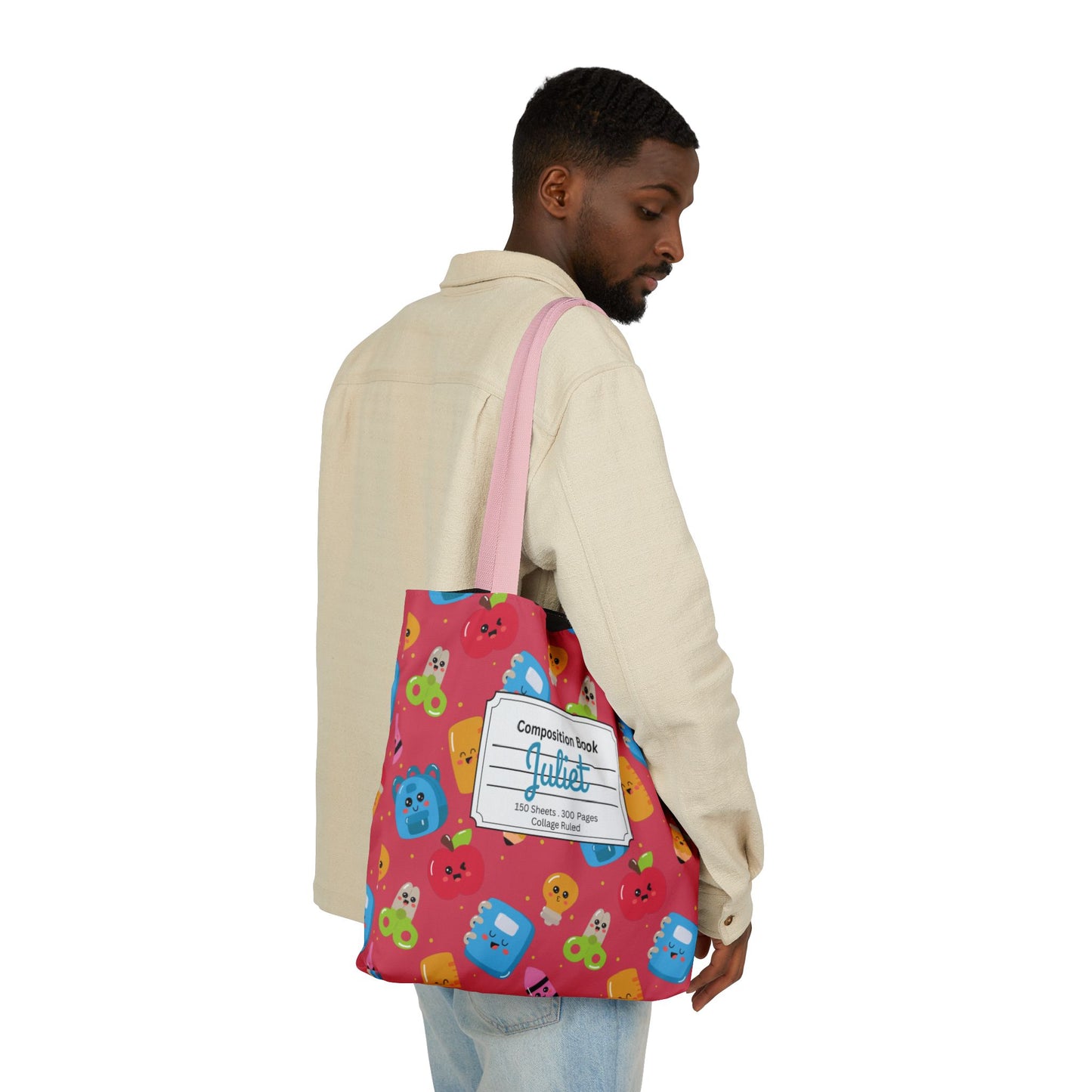 Personalized Kawaii Composition Book Inspired Canvas Tote Bag with Colorful Straps, Cute School Bag, Eco-Friendly Tote, Back to School Shopping Bag, Teacher Gift Idea