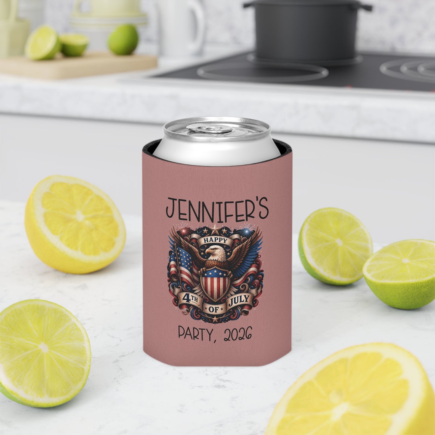 Personalized 4th of July Can Cooler — Custom Name Patriotic Eagle