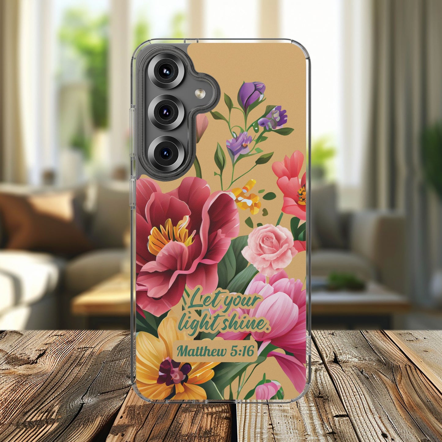 Clear Floral Bible Verse Phone Case — "Let Your Light Shine" (Matthew 5:16) for iPhone and Samsung Cases.