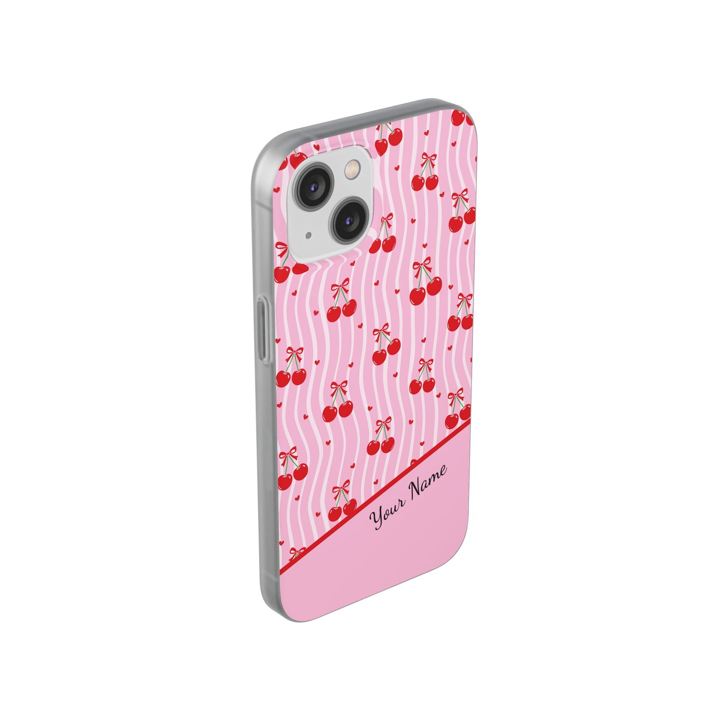 Personalized Cherry Blossom Dreams Flexi Case — Pink Retro Cherry iPhone® 7/8, 11, 12, 13, 14, 15, 16, 17, X/XS, SE, XR, Mini, Pro, Pro Max, Plus Cases.