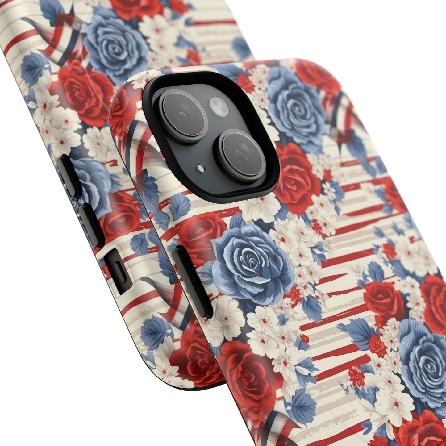 Floral Freedom Tough iPhone Magnetic Case, Red Blue Flower Design,  iPhone MagSafe® compatibility Cover, Best Gift for Her, Holiday Present