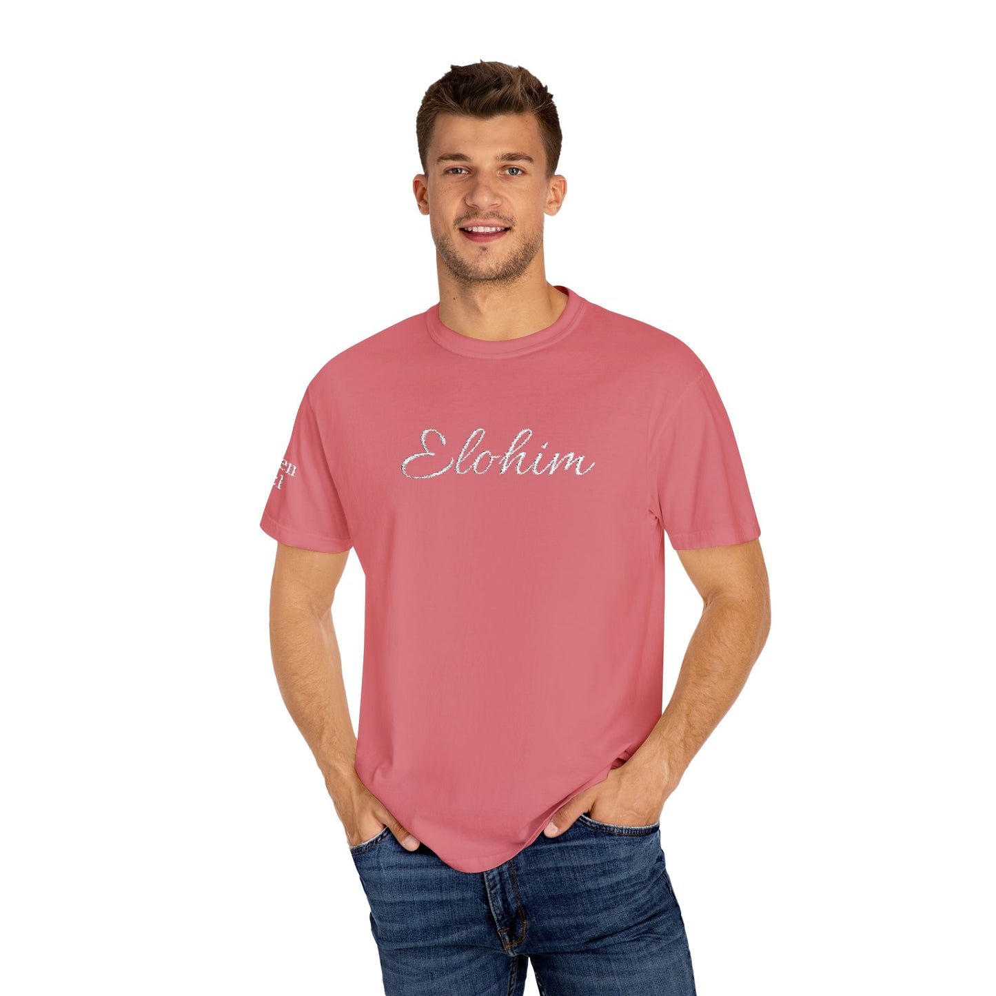 Embroidery 'ELOHIM, GENESIS 1:1' - Faith-Based Unisex Garment-Dyed Comfort Colors T-shirt, Faith Gift Tee, Religious Tee, Embroidery Tee.
