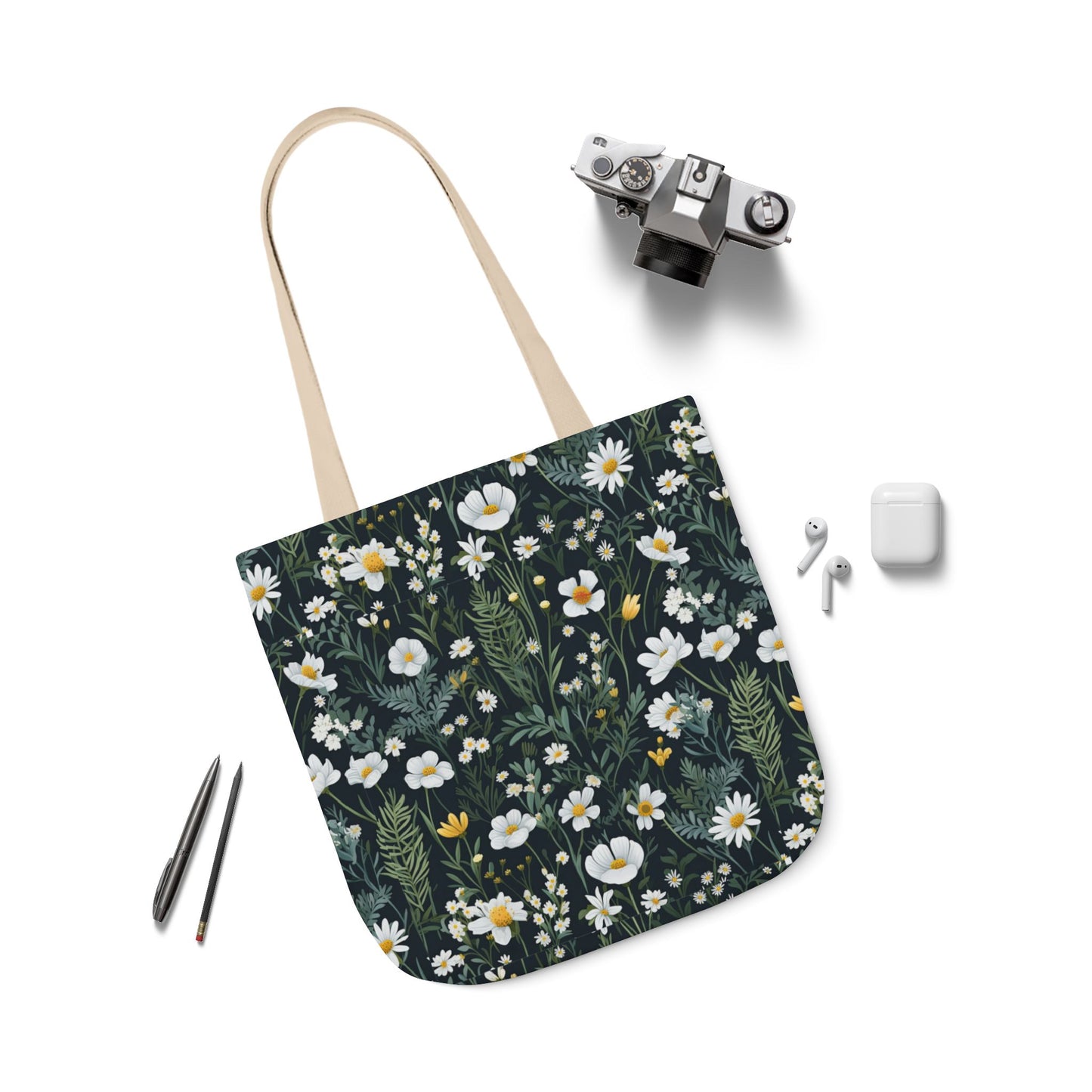 Daisy Delight Floral Canvas Tote Bag with 5-Color Straps | Eco-Friendly Shopping Bag