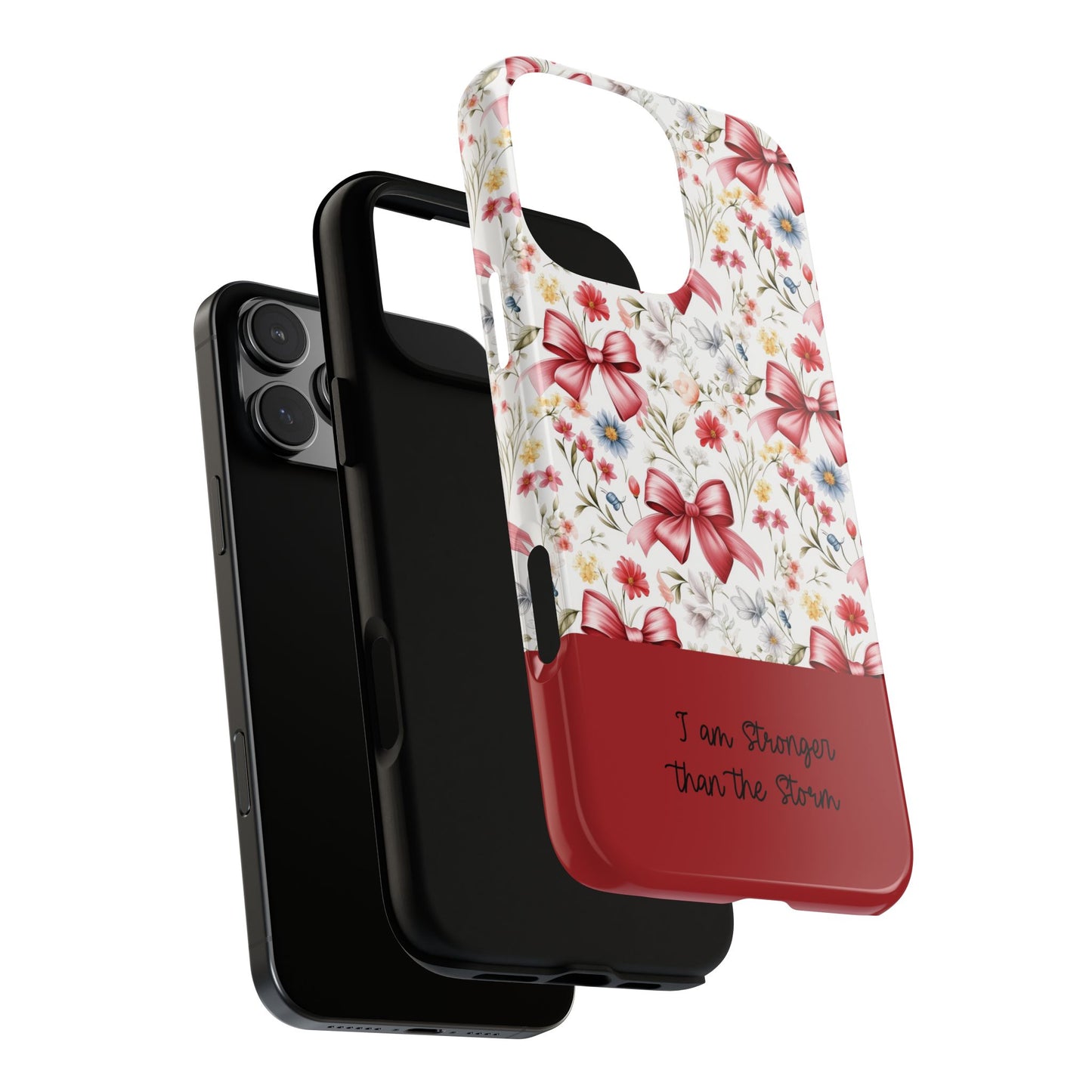 Personalized Rosette Coquette Phone Case - Custom Name/Message 'I Am Stronger Than The Storm' Floral Bow Protective Case