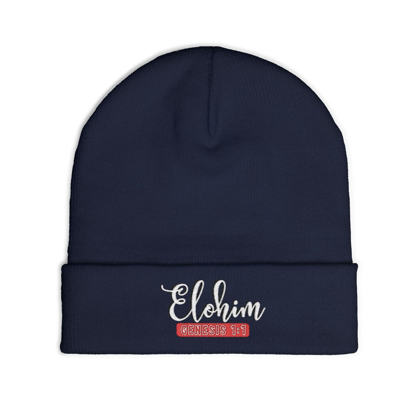 Stylish Knit Beanie with 'ELOHIM, Genesis 1:1' Embroidery, Winter Accessory, Religious Gift, Cozy Beanie Cap, Faith-Inspired Fashion