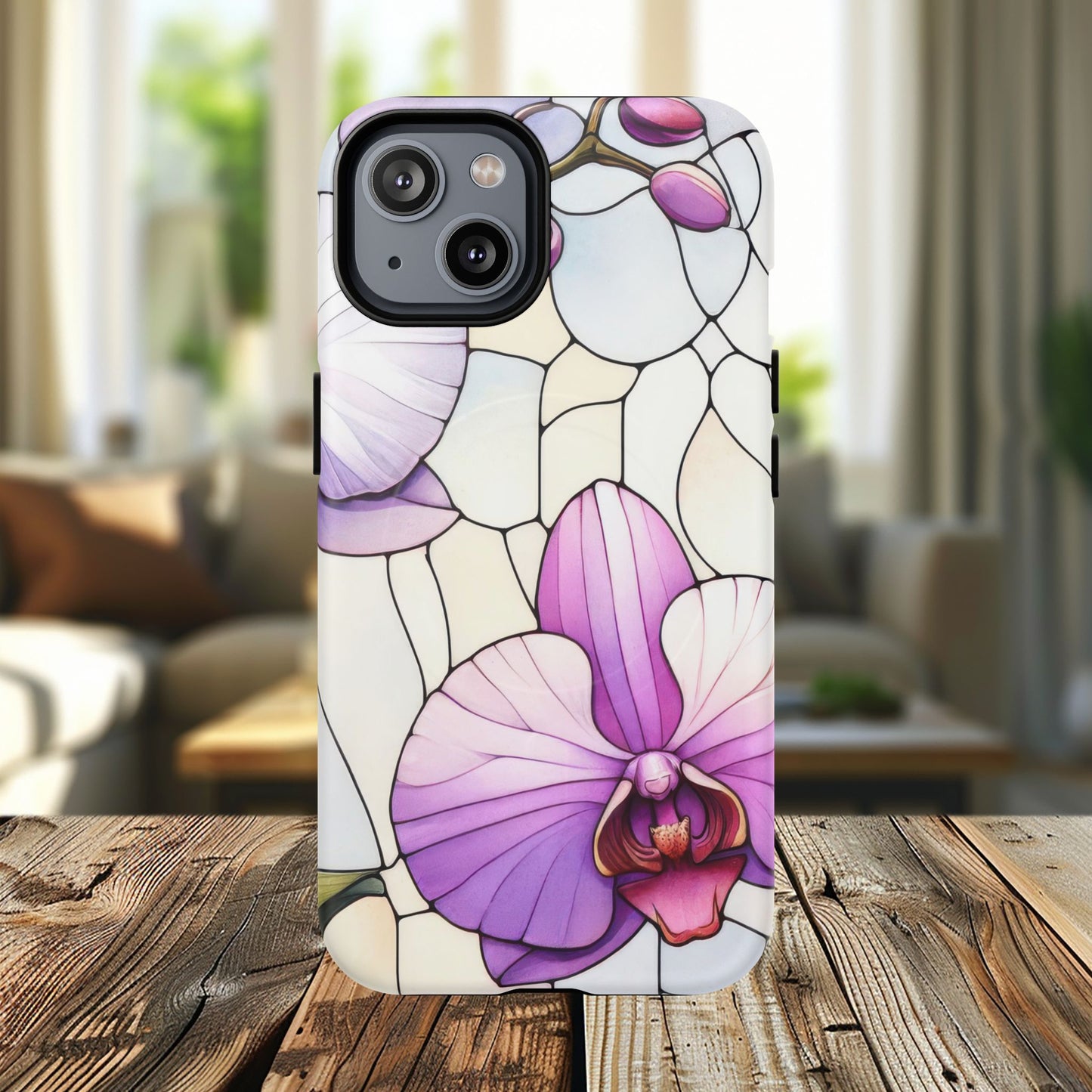 Orchid Grace Tough iPhone Magnetic Case, Protective iPhone Cover, Trendy Stained Glass Design, Floral Gift, Unique iPhone Accessory, Durable iPhone Case