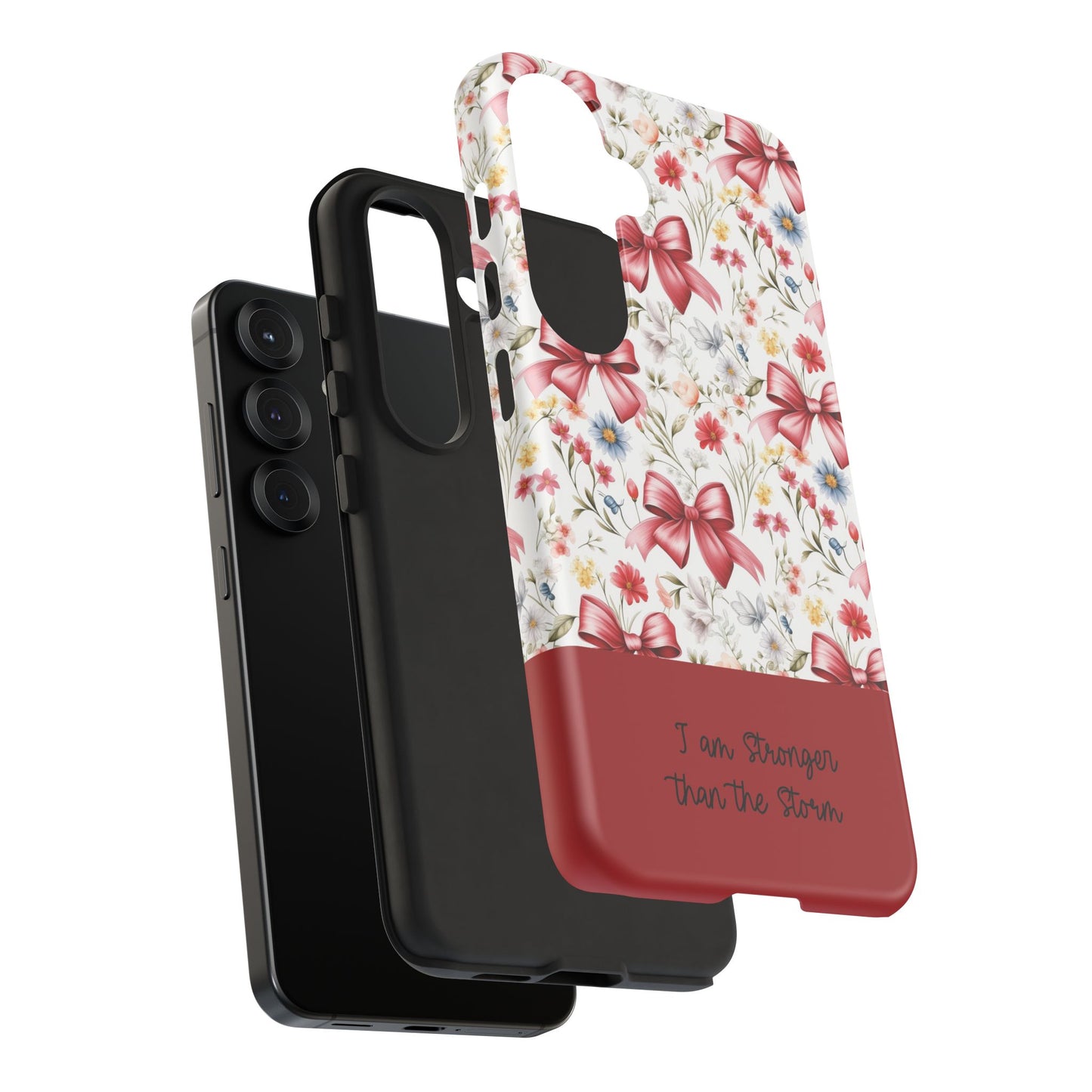 Personalized Rosette Coquette Phone Case - Custom Name/Message 'I Am Stronger Than The Storm' Floral Bow Protective Case