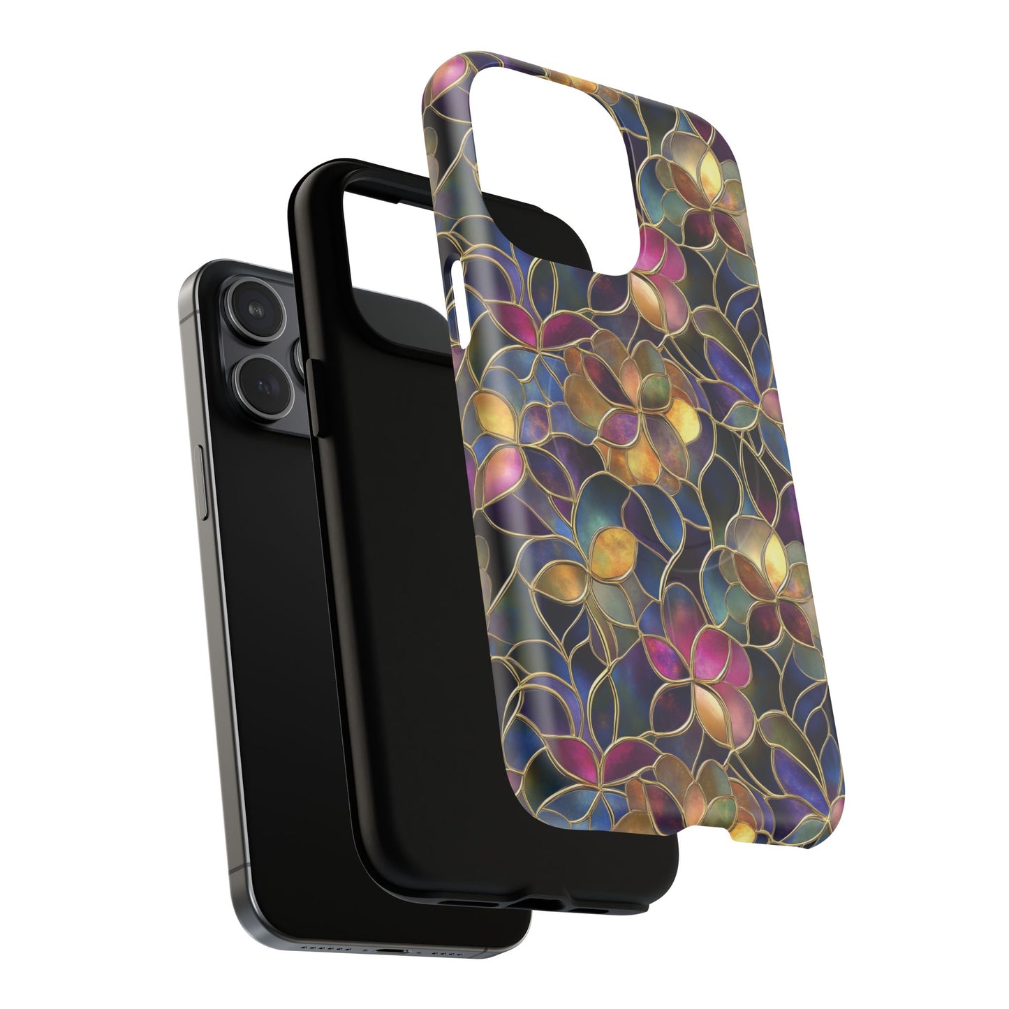 Chromatic Bloom Tough iPhone Magnetic Case, Tough iPhone Cover, Floral iPhone Accessory, Birthday Gift, Elegant Tech Decor, MagSafe Stained Glass Pattern.