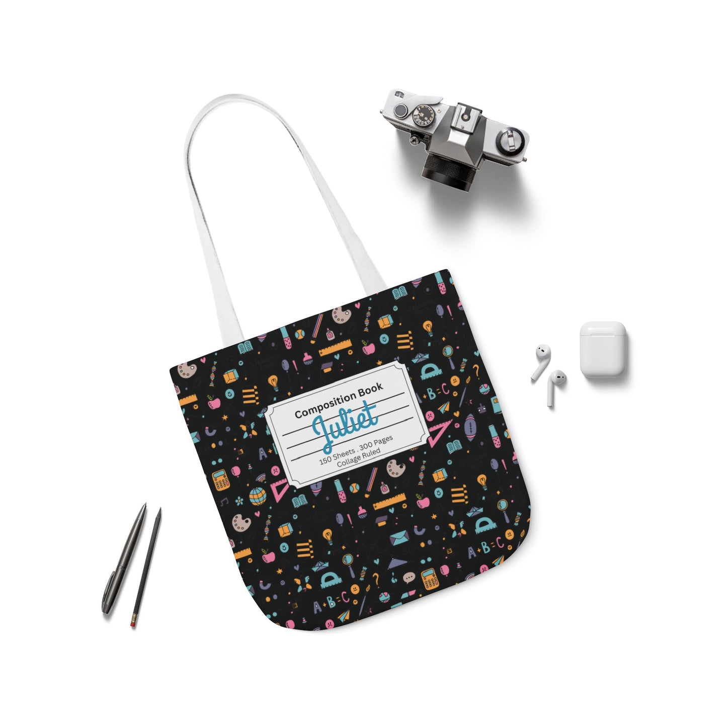 Personalized Chalkboard Chic Composition Book Inspired Canvas Tote Bag with Colorful Straps, Cute School Bag, Eco-Friendly Tote, Back to School Shopping Bag, Teacher Gift Idea