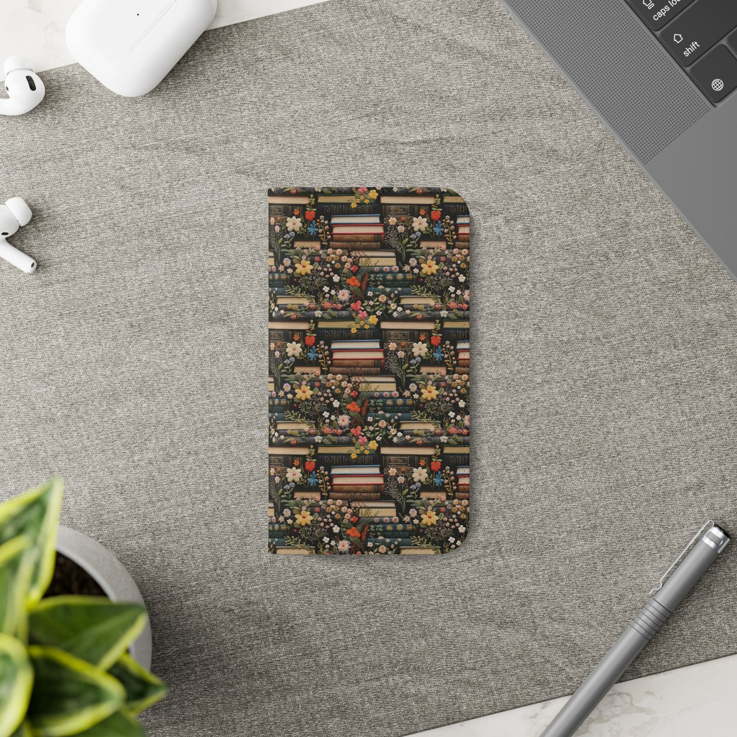 Book Stack Floral Flip iPhone and Samsung Phone Case — Vintage Library Wallet Cover.