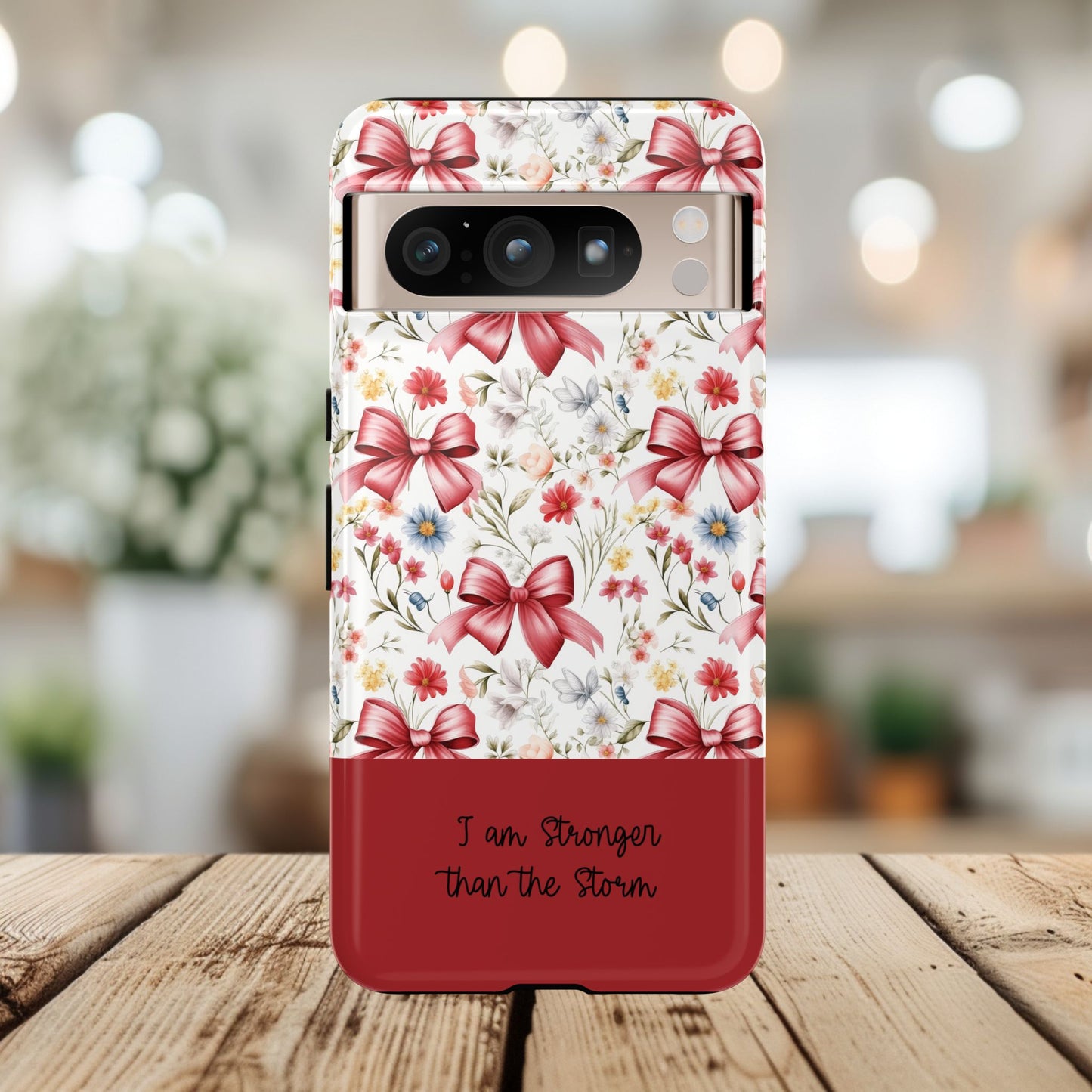 Personalized Rosette Coquette Phone Case - Custom Name/Message 'I Am Stronger Than The Storm' Floral Bow Protective Case