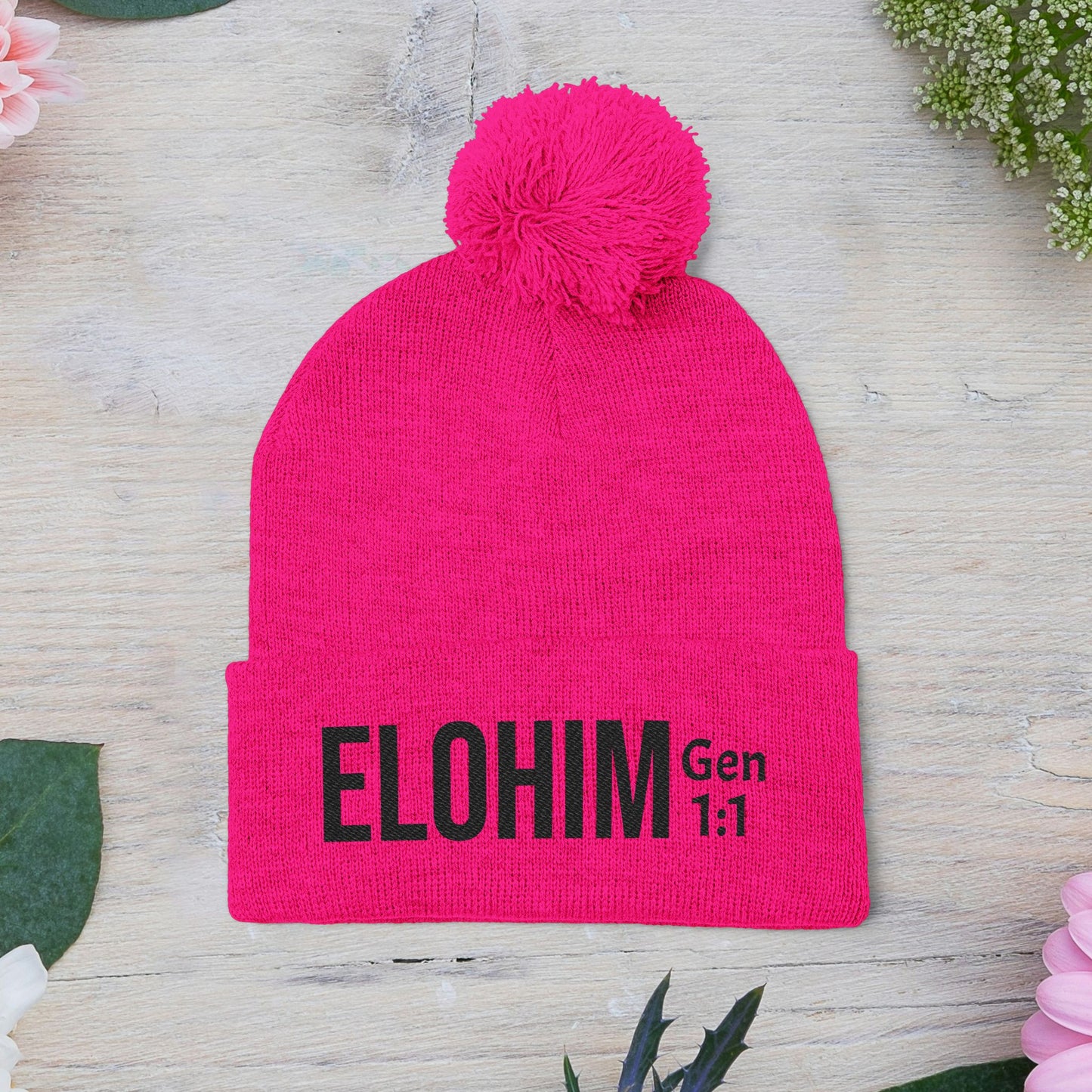 Cozy Pom-Pom Knit Cap with 'ELOHIM, GENESIS 1:1'  Embroidery Beanie - Stylish Winter Accessory for All Ages, Perfect Gift for Birthdays, Holidays, and Outdoor Activities