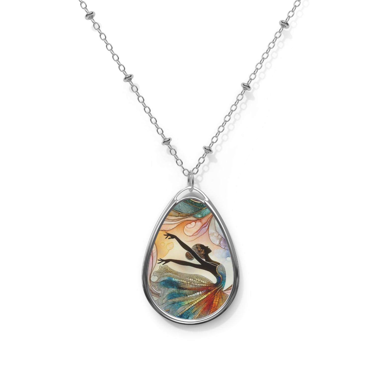 Ethereal Grace: Peacock Dance Pendant Oval Necklace