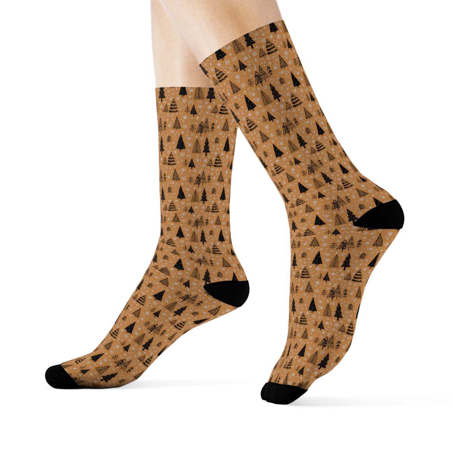 Winter Wonderland Brown Crew Socks - Soft & Elastic Polyester/Spandex Blend - One Size Fits All