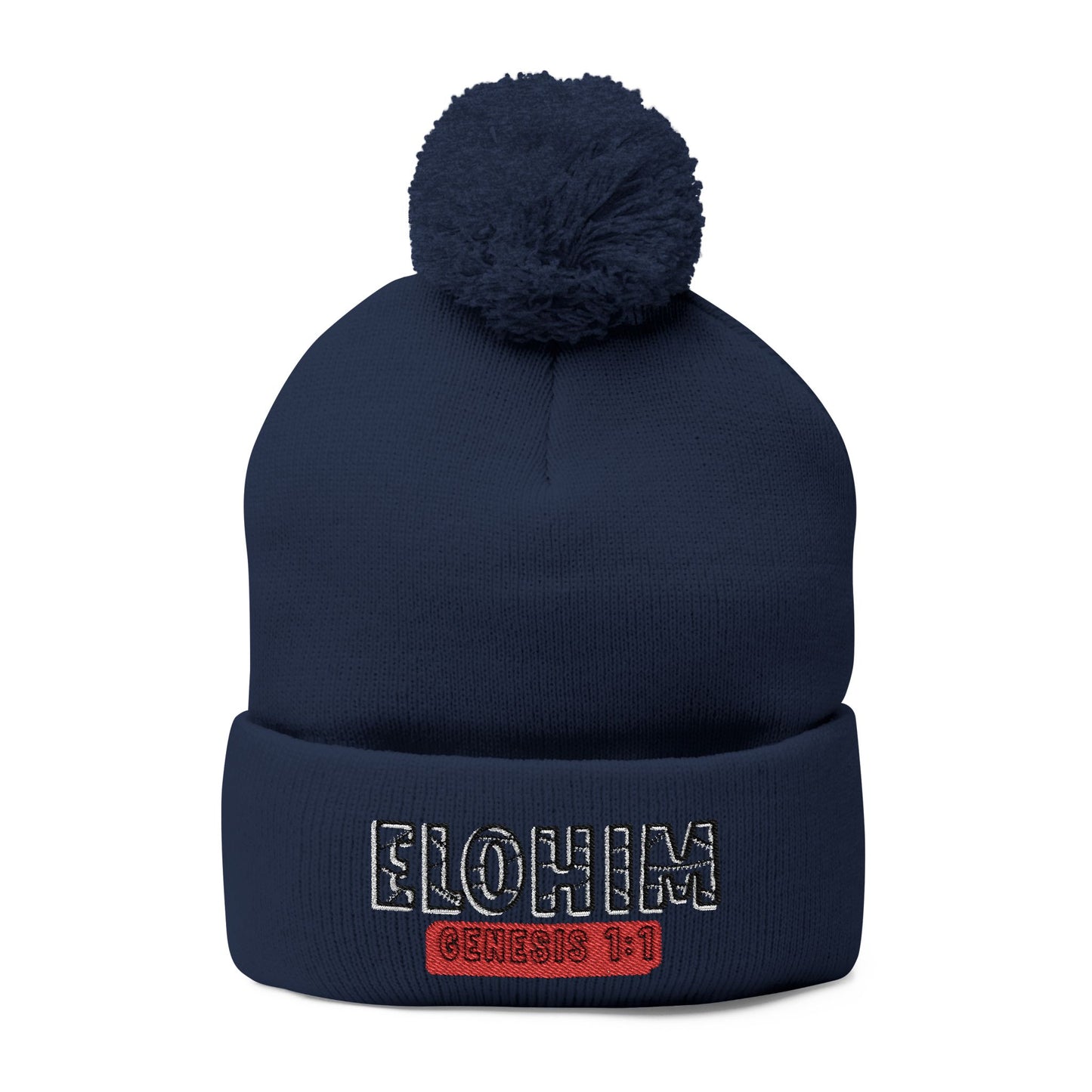 Cozy Pom-Pom Knit Cap with 'ELOHIM, GENESIS 1:1'  Embroidery Beanie - Stylish Winter Accessory for All Ages, Perfect Gift for Birthdays, Holidays, and Outdoor Activities