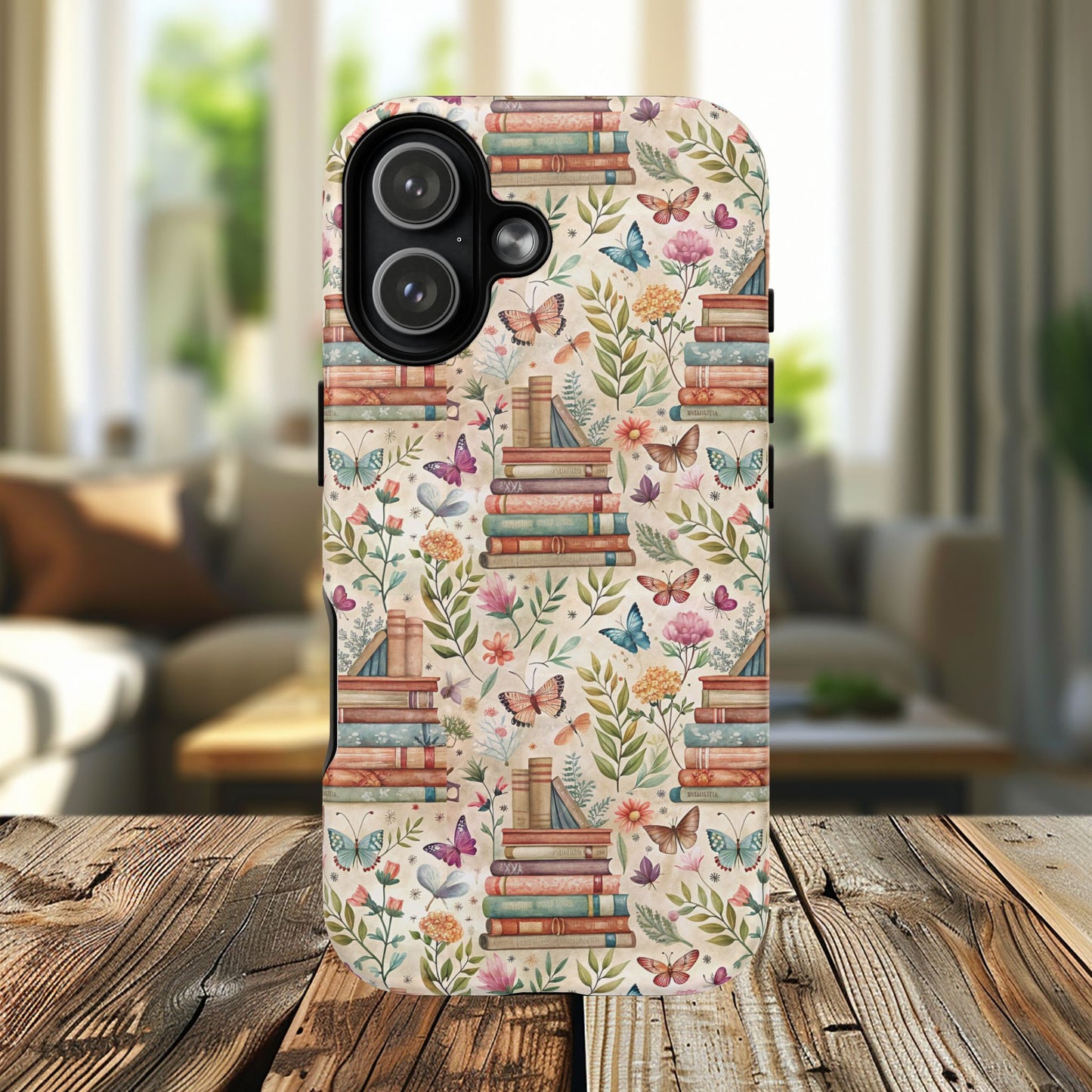 Colorful Bookworm Tough Magnetic iPhone Case,  Floral Butterfly Print, Gift for Readers, Tough IPhone Protective Cover, Bookish iPhone Case.