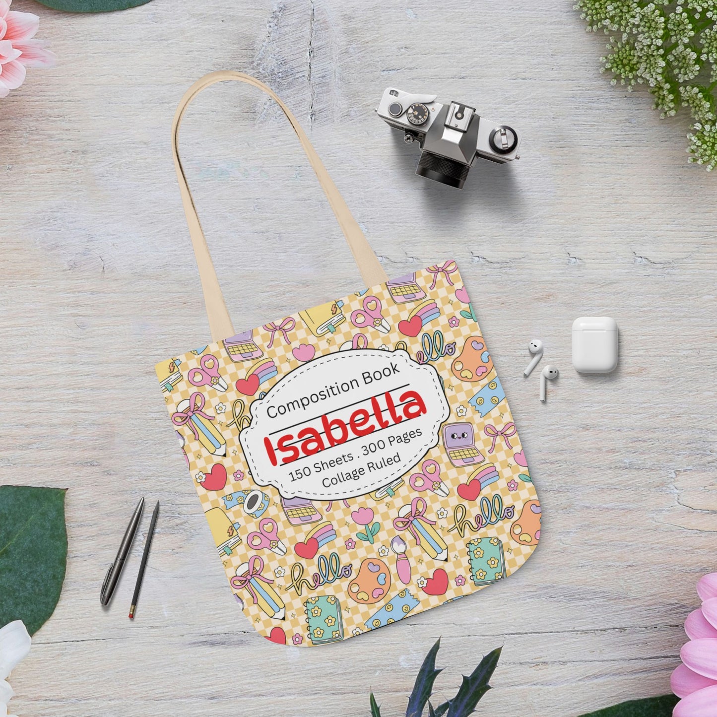 Personalized Doodle Daydream Composition Book Inspired Canvas Tote Bag with Colorful Straps, Cute School Bag, Eco-Friendly Tote, Back to School Shopping Bag, Teacher Gift Idea