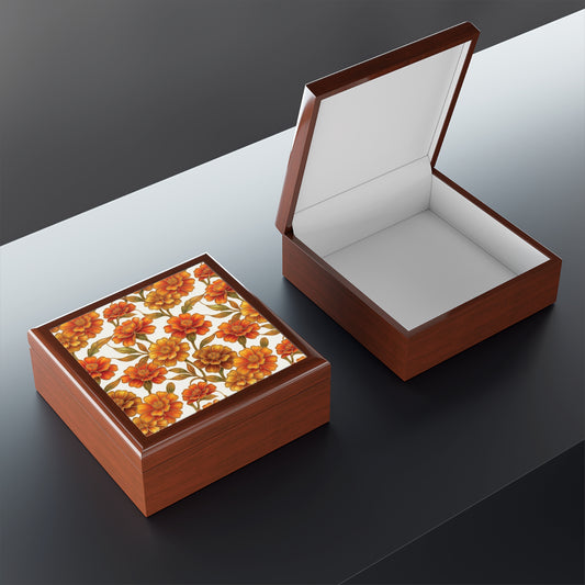 Stained Glass Marigold Floral Jewelry Box —  Keepsake Box
