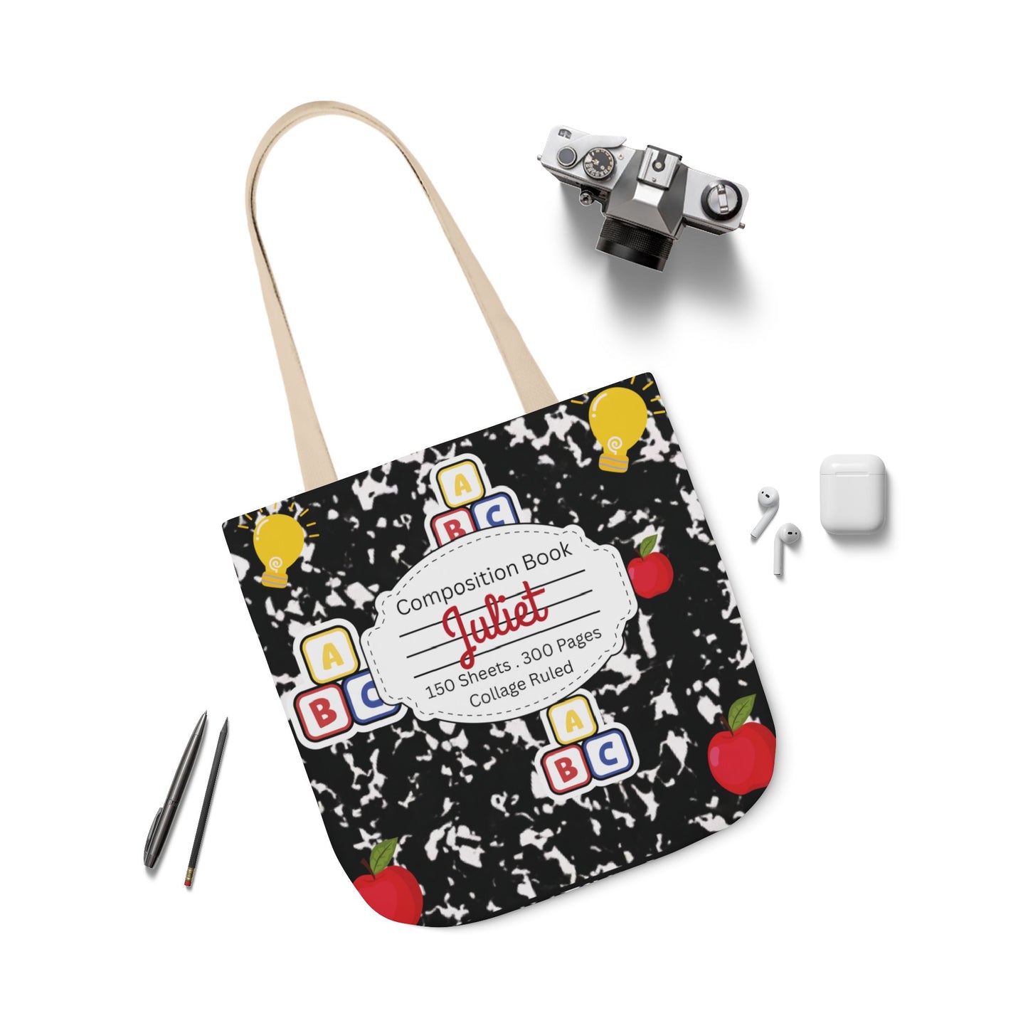 Personalized Black Composition Book Inspired Canvas Tote Bag with Colorful Straps, Cute School Bag, Eco-Friendly Tote, Back to School Shopping Bag, Teacher Gift Idea
