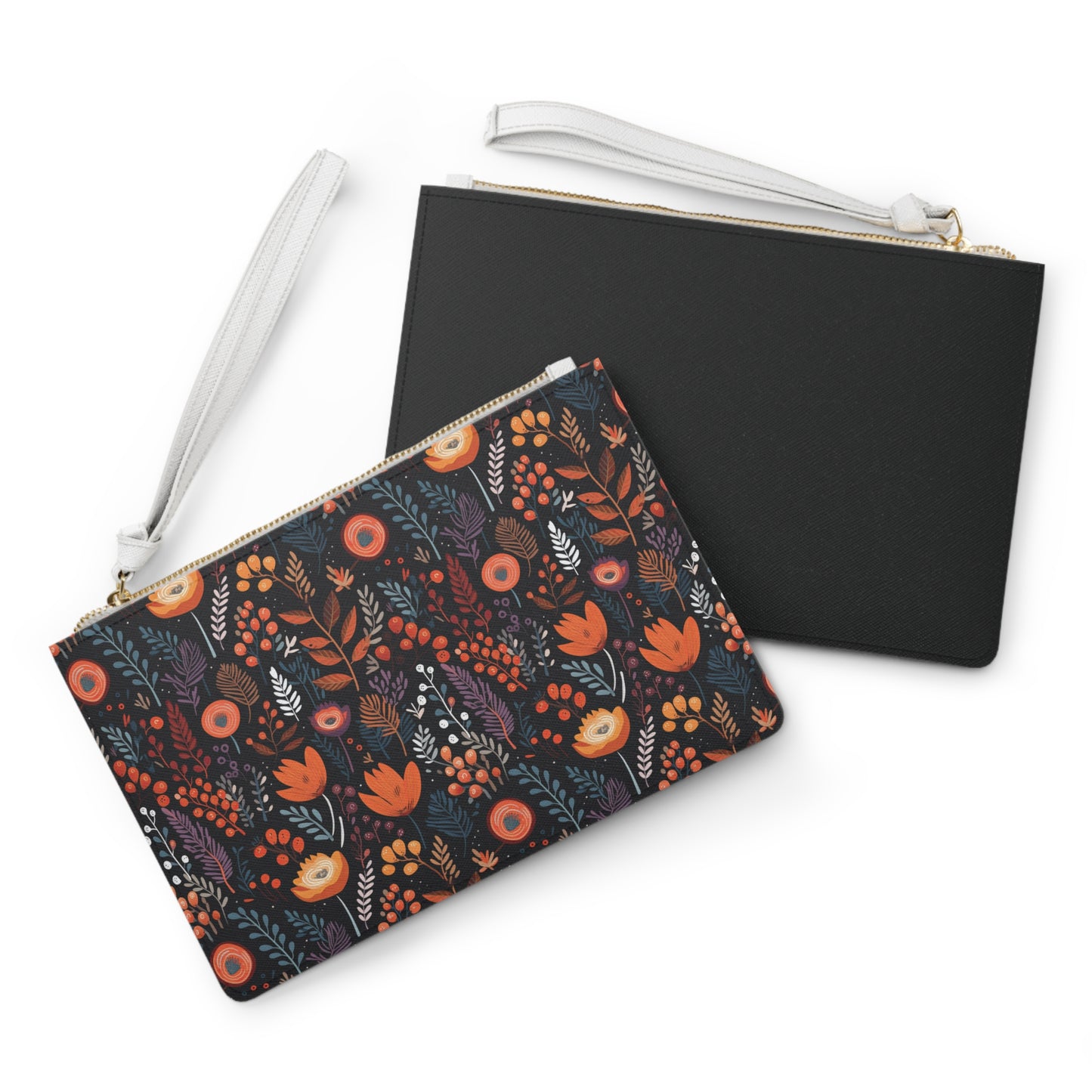 Autumn Bloom Clutch Bag - Vegan Leather Saffiano Pattern Fashionista On-the-Go Zip Fastening Wrist Strap.