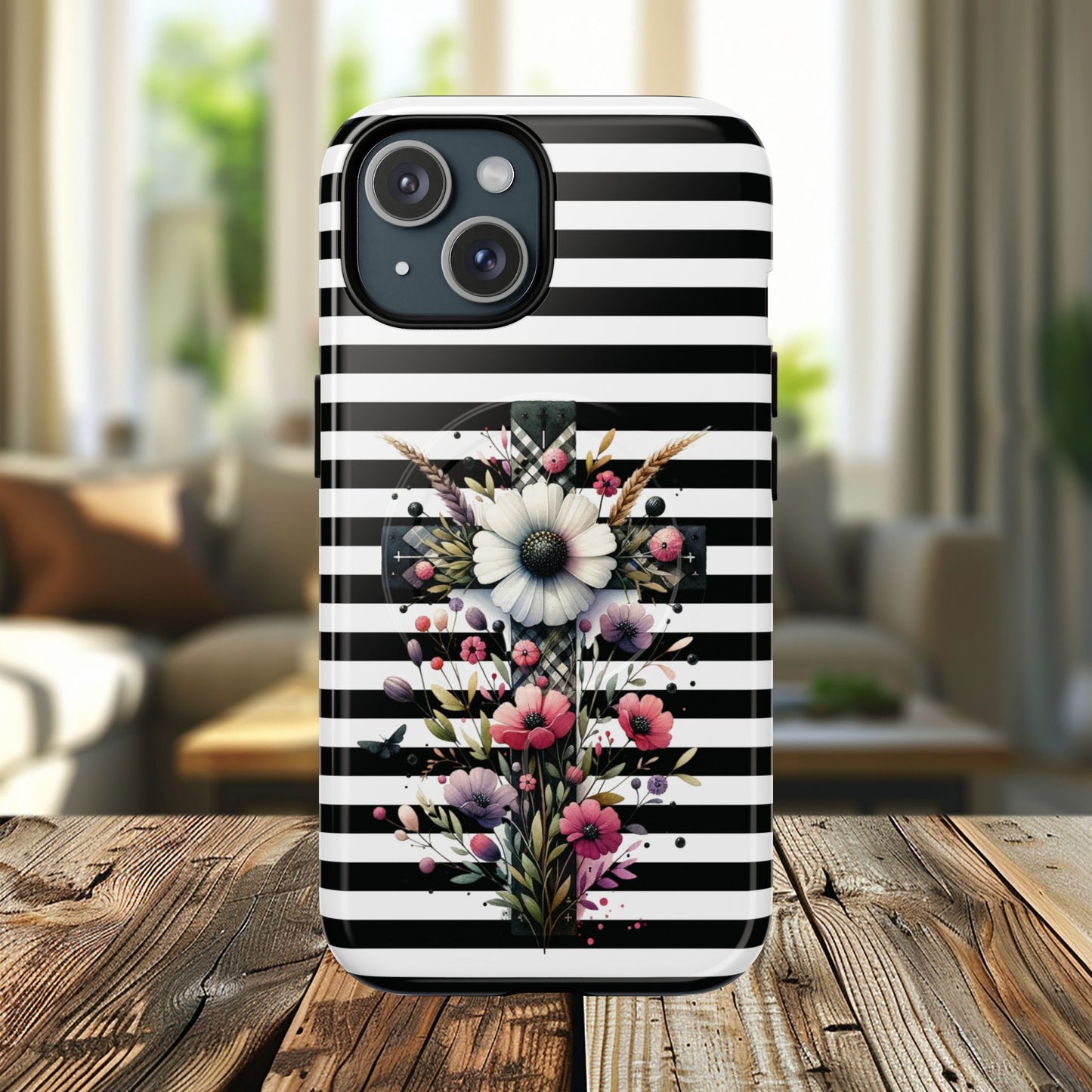 Faith in Bloom Tough iPhone Magnetic Case, iPhone Accessories, Floral iPhone Cover, Durable Cases for Gifts, Black and White Stripes