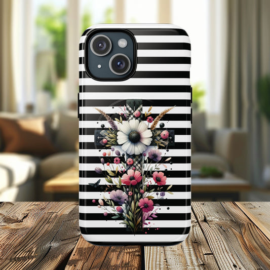 Faith in Bloom Tough iPhone Magnetic Case, iPhone Accessories, Floral iPhone Cover, Durable Cases for Gifts, Black and White Stripes
