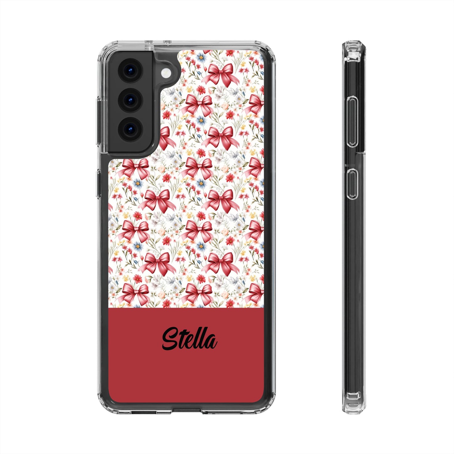 Personalized Rosette Coquette Floral Bow Clear iPhone, Samsung Cases — Custom Name Phone Cover