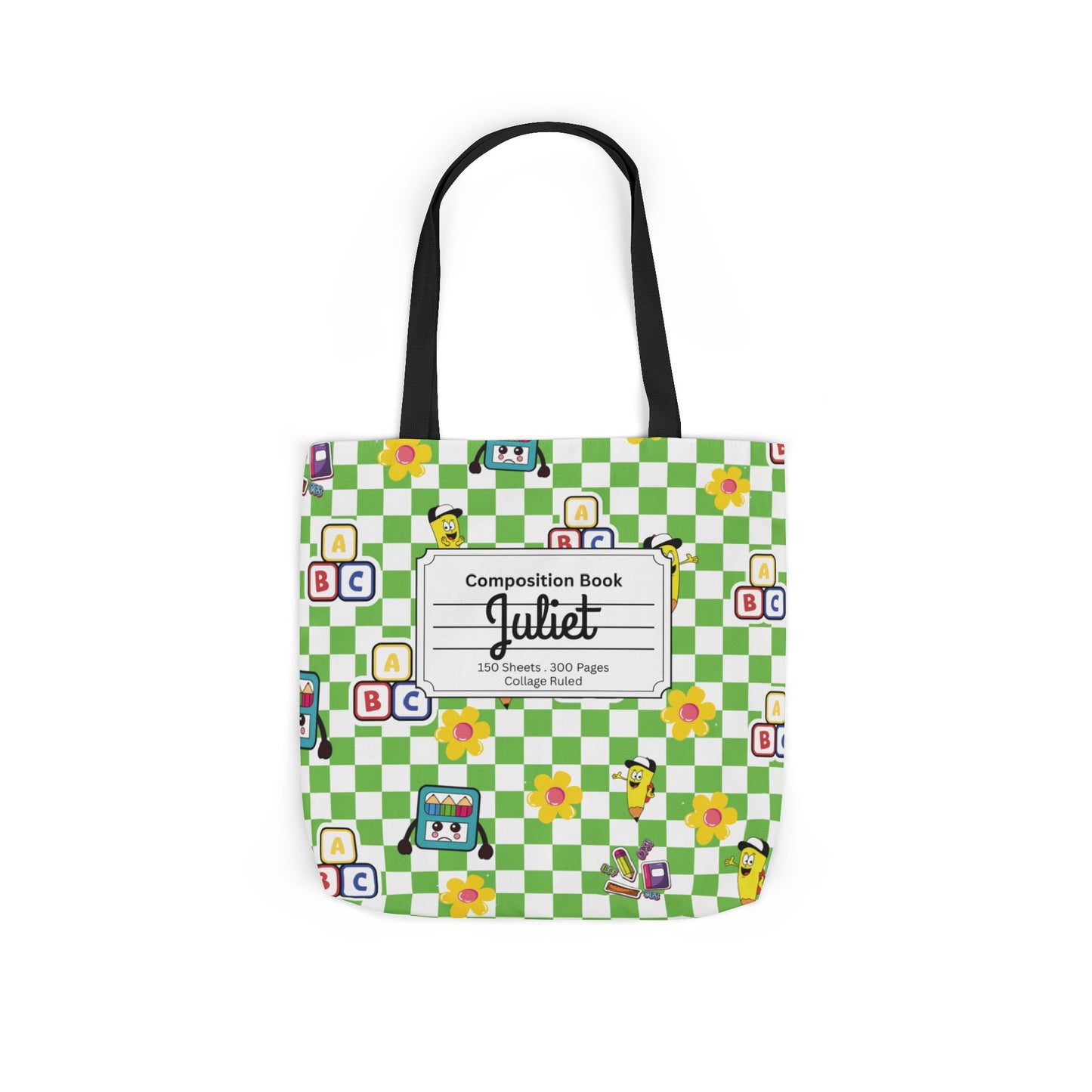 Personalized Green Schoolyard Chic Composition Book Inspired Canvas Tote Bag with Colorful Straps, Cute School Bag, Eco-Friendly Tote, Back to School Shopping Bag, Teacher Gift Idea