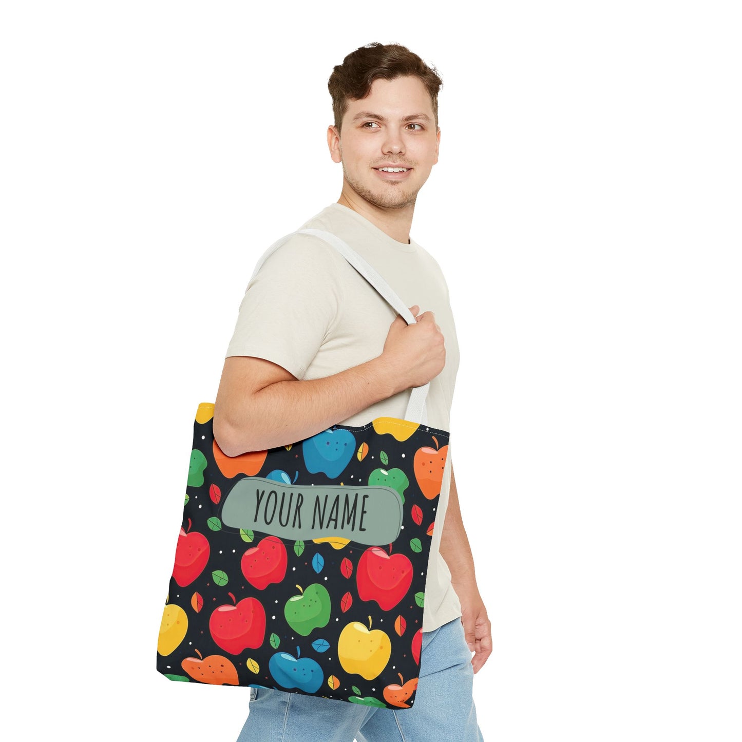 All-Over Apple Print Personalized Tote Bag — Durable Everyday Carry (3 Sizes, 5 Handle Colors)