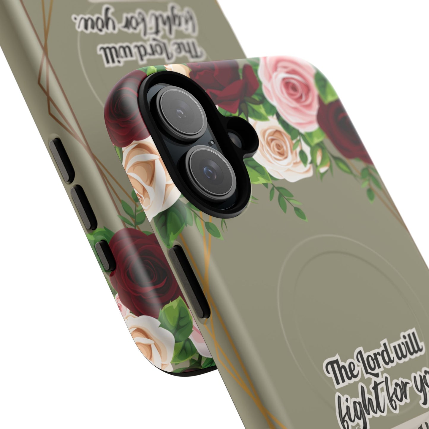 The Lord will Fight for You Exodus 14:14, Inspirational Gift, Tough iPhone Magnetic Case Scripture, Roses Bible Verse, MagSafe® iPhone® Tough Case, iPhone 14, iPhone 15, iPhone 16, Pro, Pro Max, Plus.