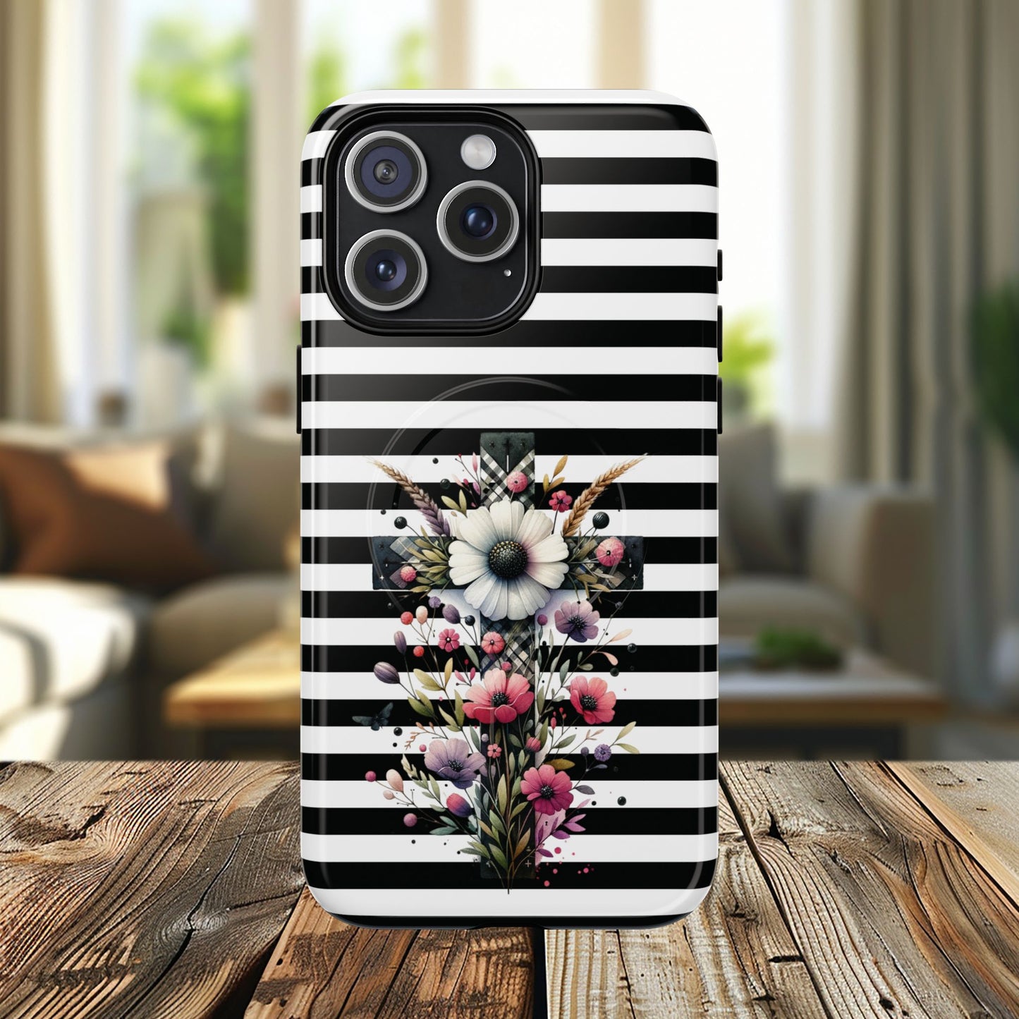 Faith in Bloom Tough iPhone Magnetic Case, iPhone Accessories, Floral iPhone Cover, Durable Cases for Gifts, Black and White Stripes