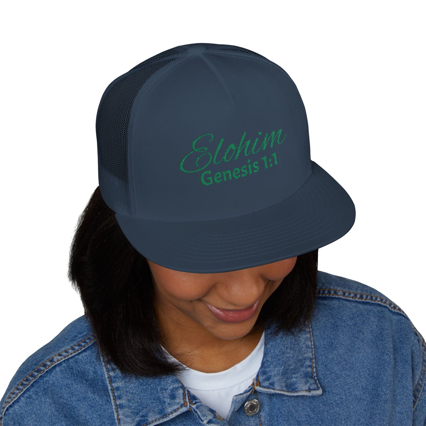 Green 'ELOHIM, GENESIS 1:1'  Embroidered 5 Panel Trucker Cap | Casual Style Hat, Adjustable, Unisex, Perfect Gift for Outdoors, Festivals, Daily Wear