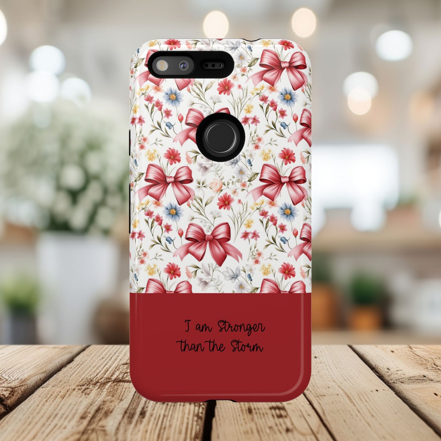 Personalized Rosette Coquette Phone Case - Custom Name/Message 'I Am Stronger Than The Storm' Floral Bow Protective Case