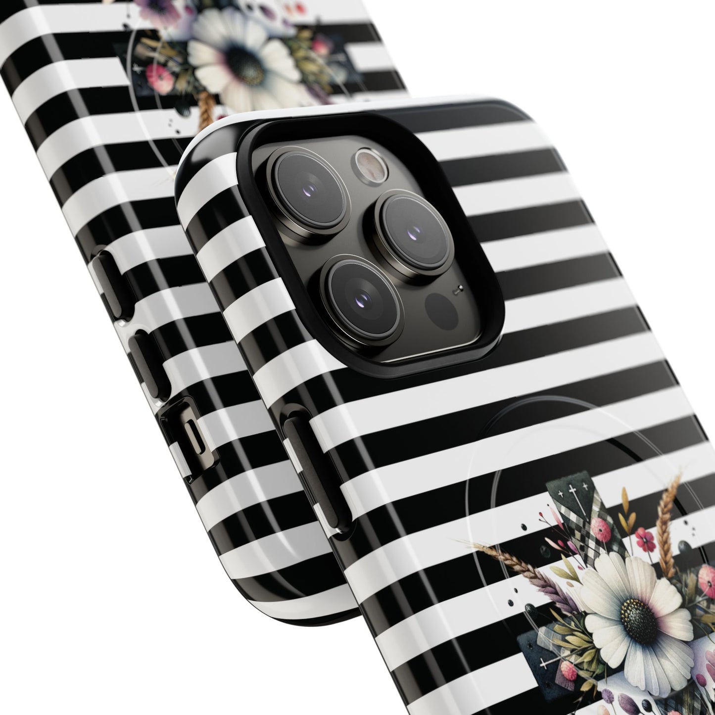 Faith in Bloom Tough iPhone Magnetic Case, iPhone Accessories, Floral iPhone Cover, Durable Cases for Gifts, Black and White Stripes