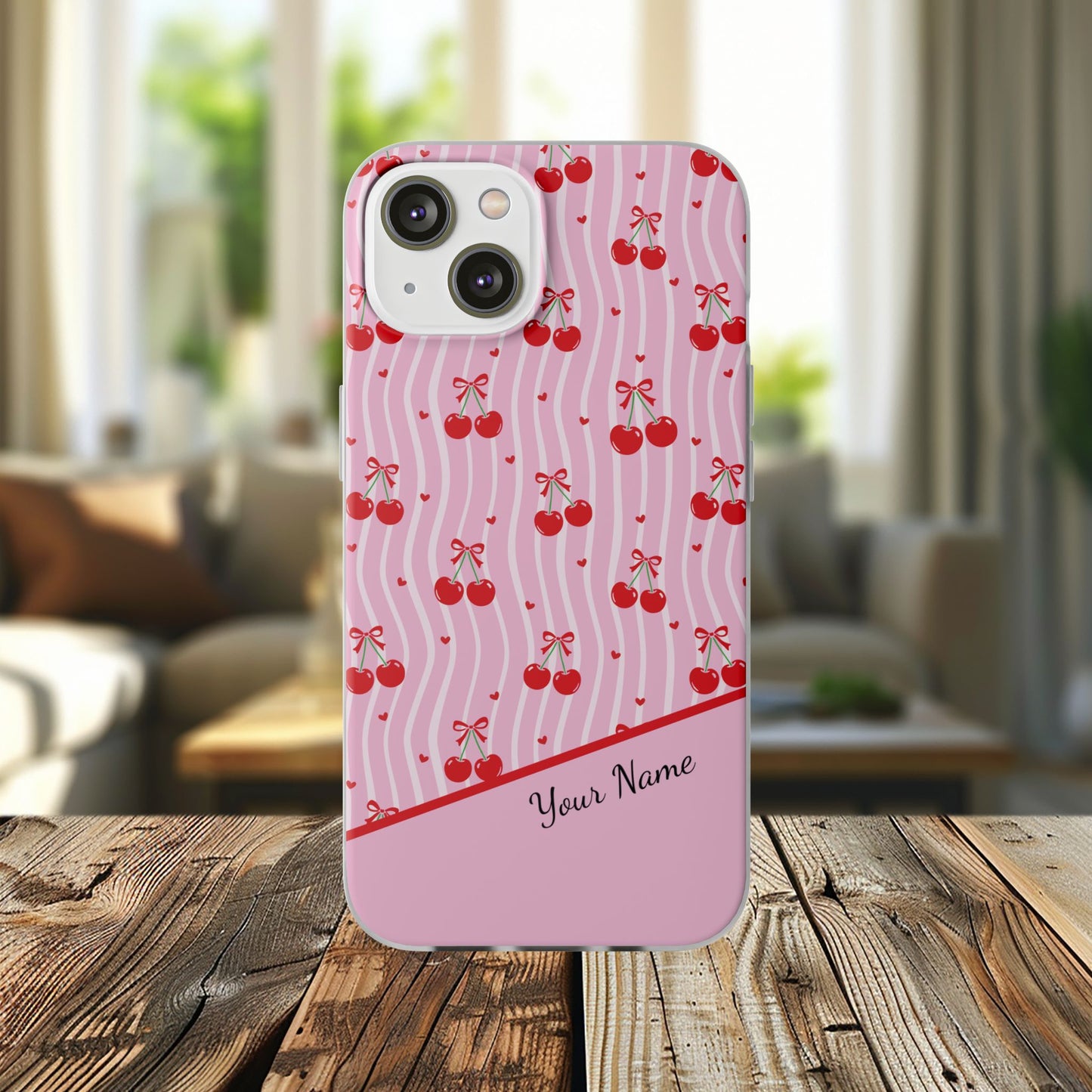 Personalized Cherry Blossom Dreams Flexi Case — Pink Retro Cherry iPhone® 7/8, 11, 12, 13, 14, 15, 16, 17, X/XS, SE, XR, Mini, Pro, Pro Max, Plus Cases.